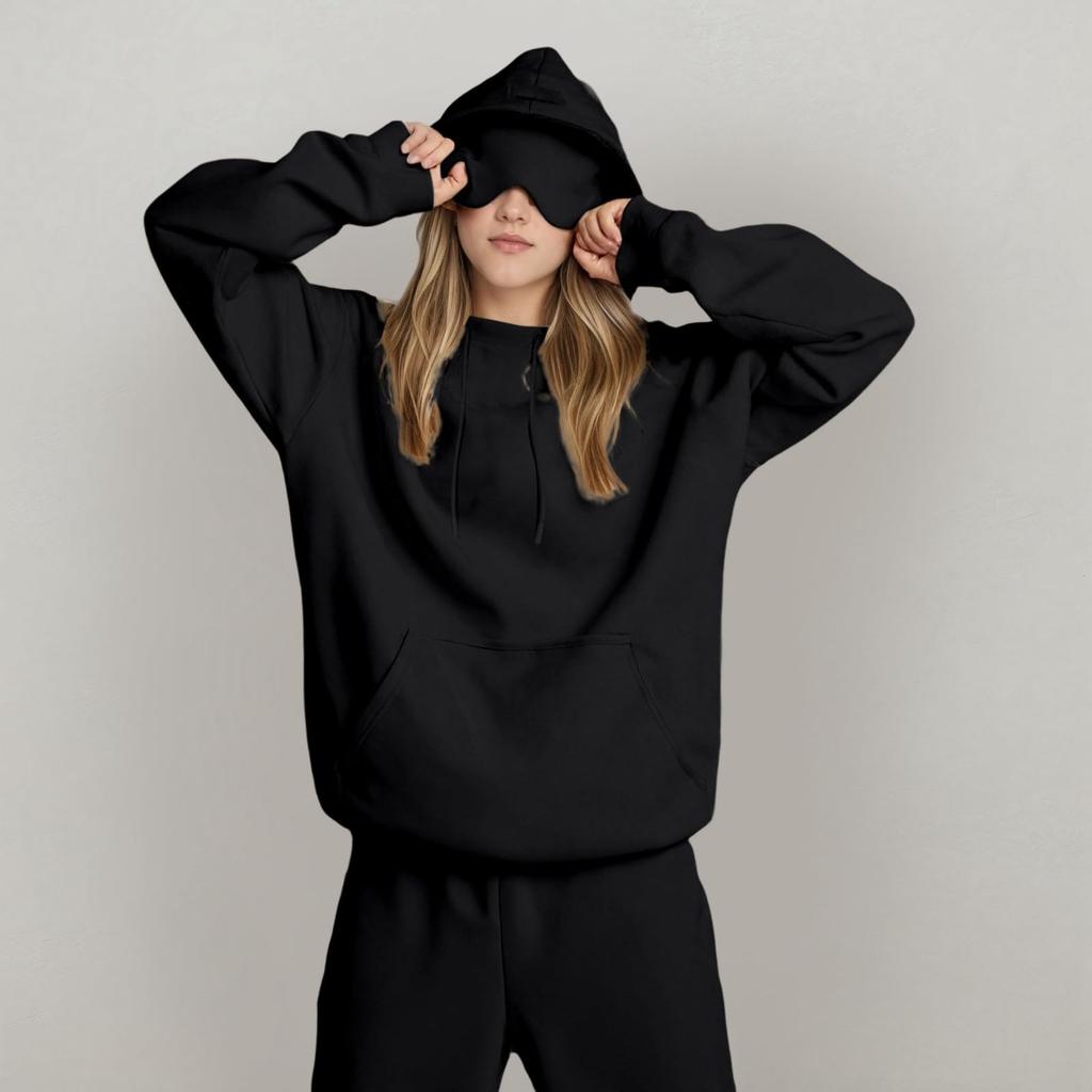 Unisex hettegenser med innebygd øyemaske, avslappet langermet, ensfarget sportsgenser, løstsittende genser