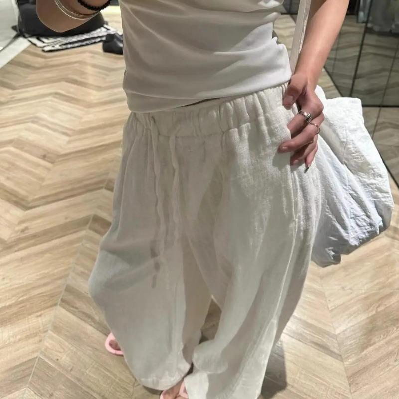 Wide Leg White Linen Pants Woman Casual Basic Summer 2024 Oversize Female Straight Trousers Baggy Elastic Waist Pants