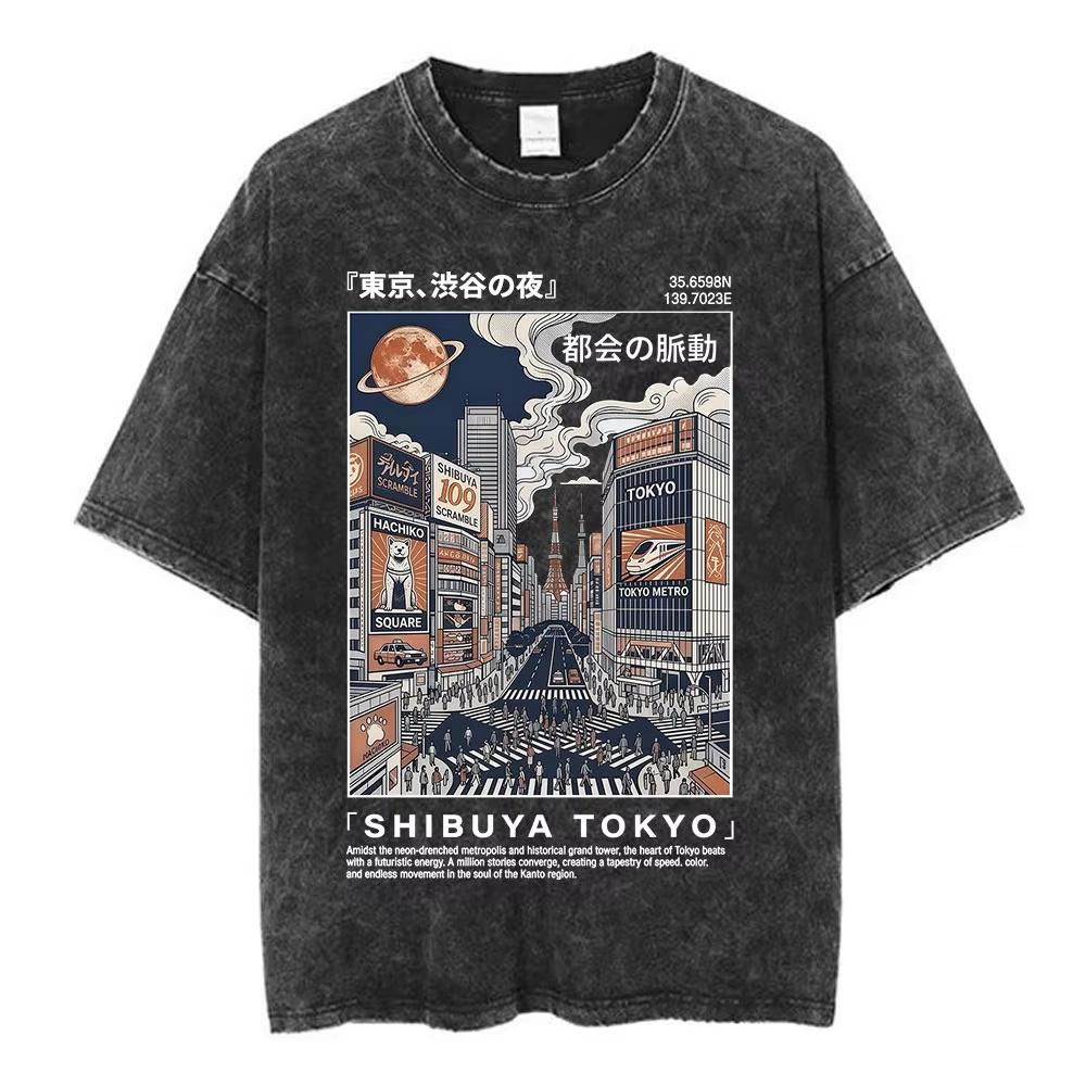 Hot Osaka Dotonbori Japan Illustration Doublesided Print Tshirts Vintage Washed Japanese Style Cityscape Cotton Top Tee