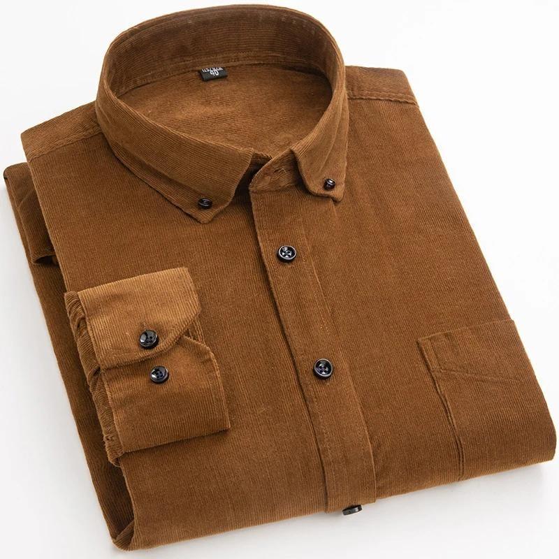 Cotton Corduroy Casual Warm Solid Shirt Long Sleeve Winter Regular Fit Mens Men's Shirts with Pokets