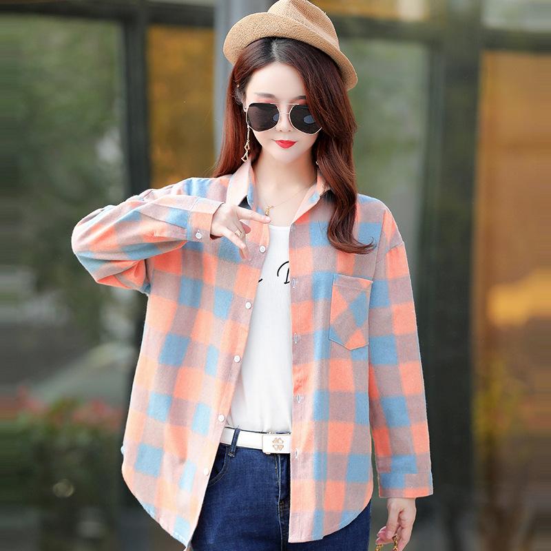 

Весна-осінь Приталена сорочка в клітку для жінок Повсякденна універсальна сорочка в клітку з довгими рукавами для жінок Блузки та сорочки 3XL