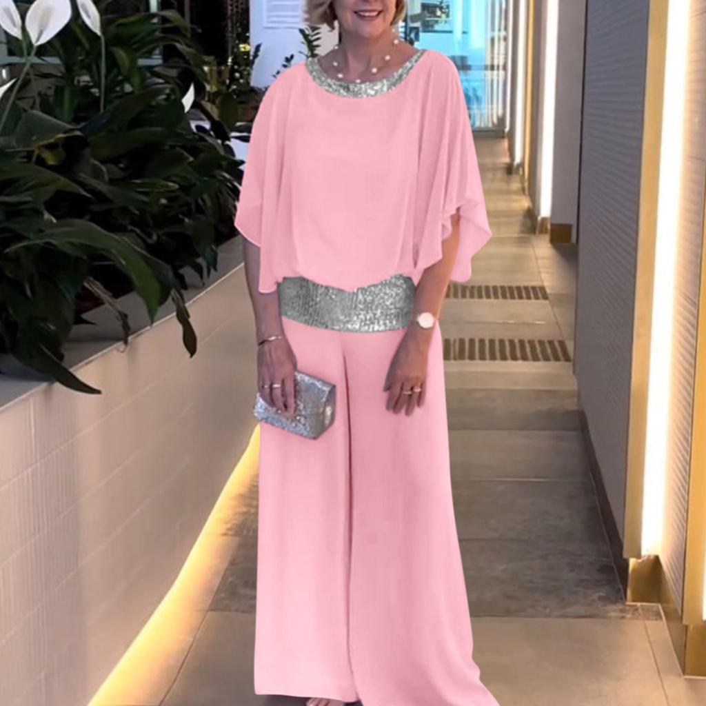 Women's Fashion Color Round Neck Sequin Patchwork Short Sleeve Top Wide Leg Pants Set