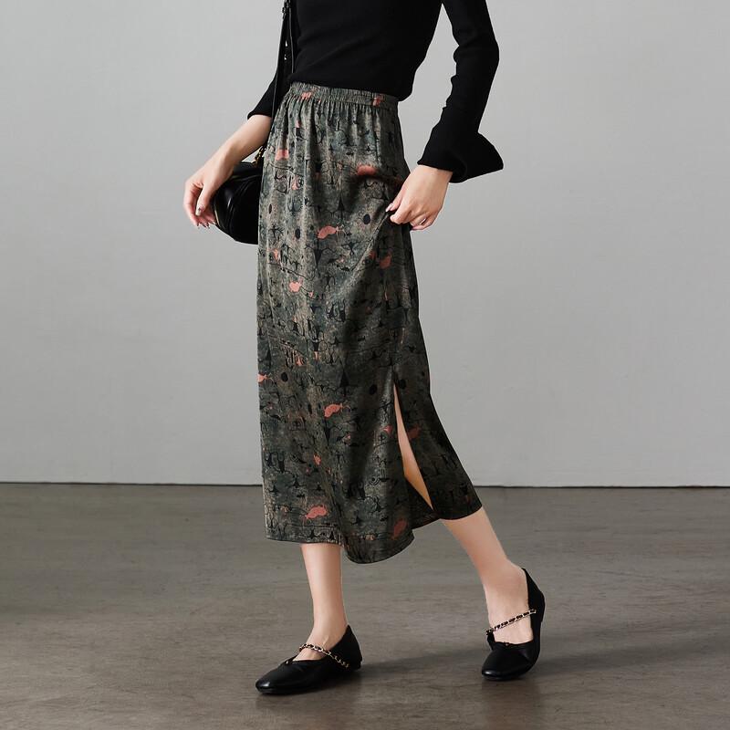 SOFSIL New Chinese Style Floral Print Midi Skirt 29/XL