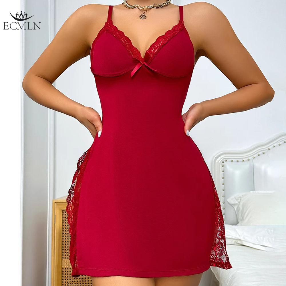 Sexy Split Side Floral Lace Trim Full Slip Night Gown Babydoll Lingerie Dress