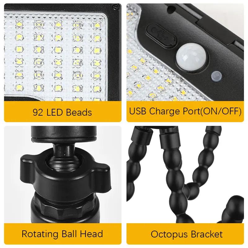 Smart Solar Motion Sensor Light, 92 LED Beads, 3 Modes, Motion Activated, Adjustable Angle, Octopus Bracket, USB Charging