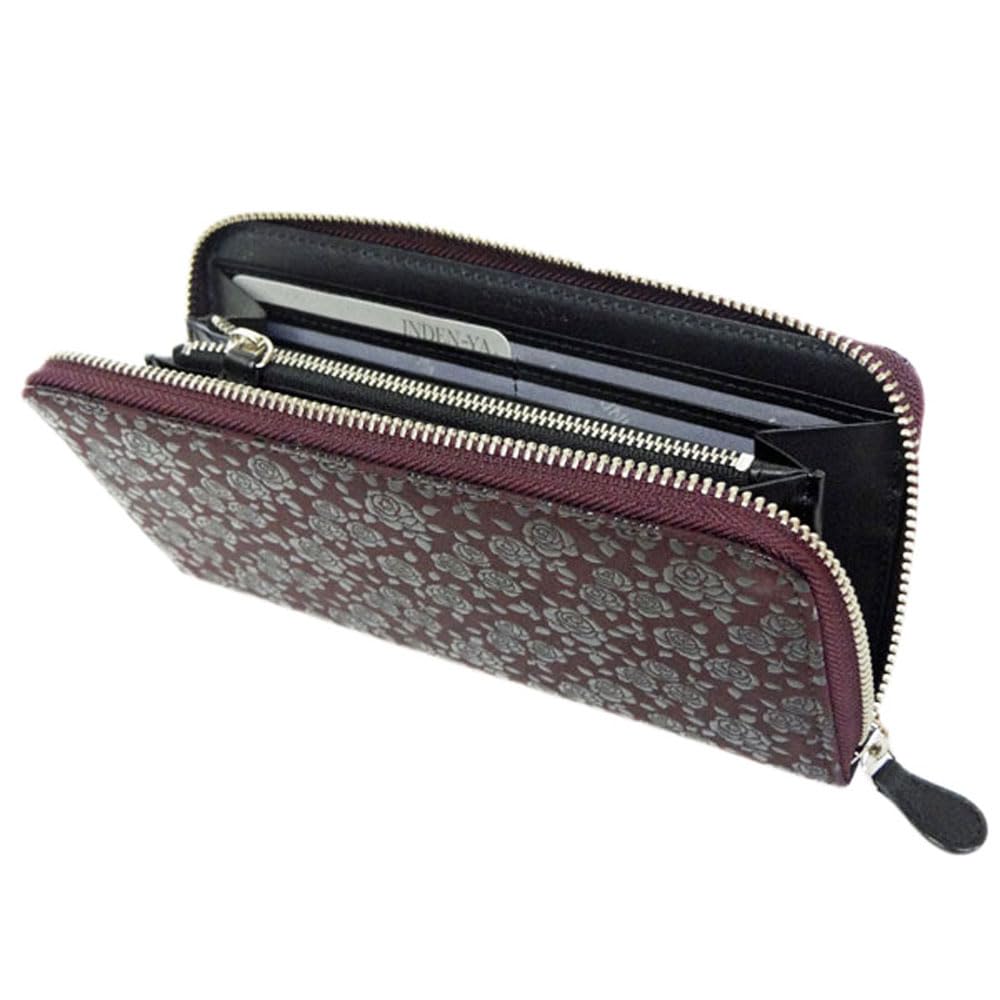 [Inden-ya] Inden 2317 Purse F, Purple Deerskin with Black Lacquer, Rose Petite Pattern, 10cm X 19cm X 2cm, Round Zipper Long Wallet