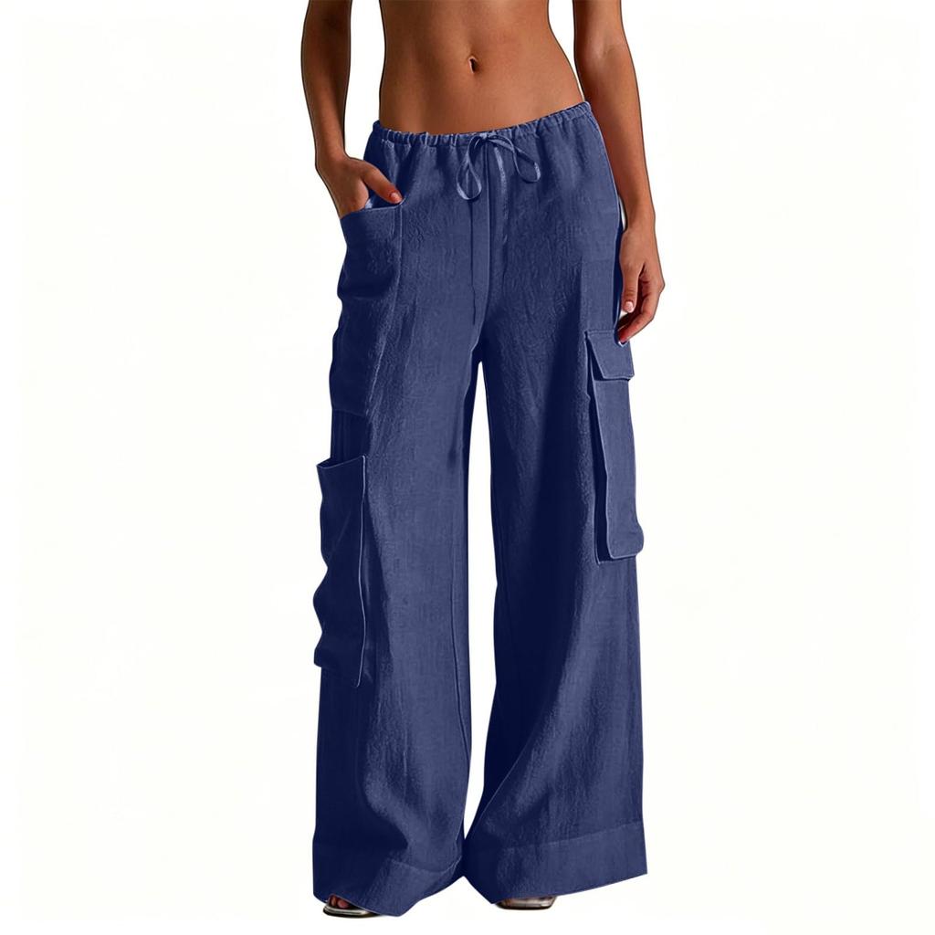 Pantaloni da Donna Casual a Vita Alta a Gamba Larga per Vacanze al Mare con Tasche