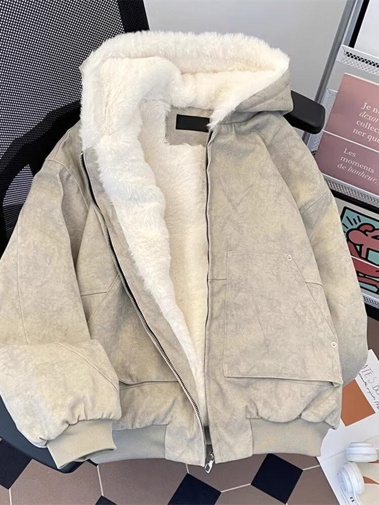 Men s Retro American High Street Winter Hooded Cotton Jacket - Warm, Trendy, Distressed Velvet Sportswear L