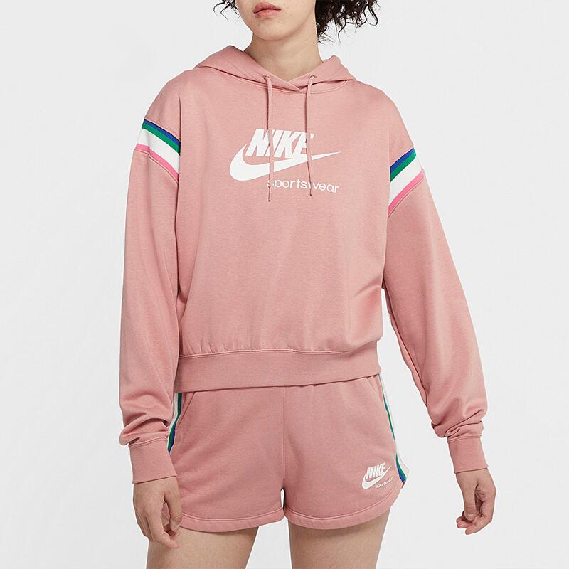 Nike Letter Brand Logo Print Color Block Sleeve Hoodie Women Hoodies Pink CU5924-685