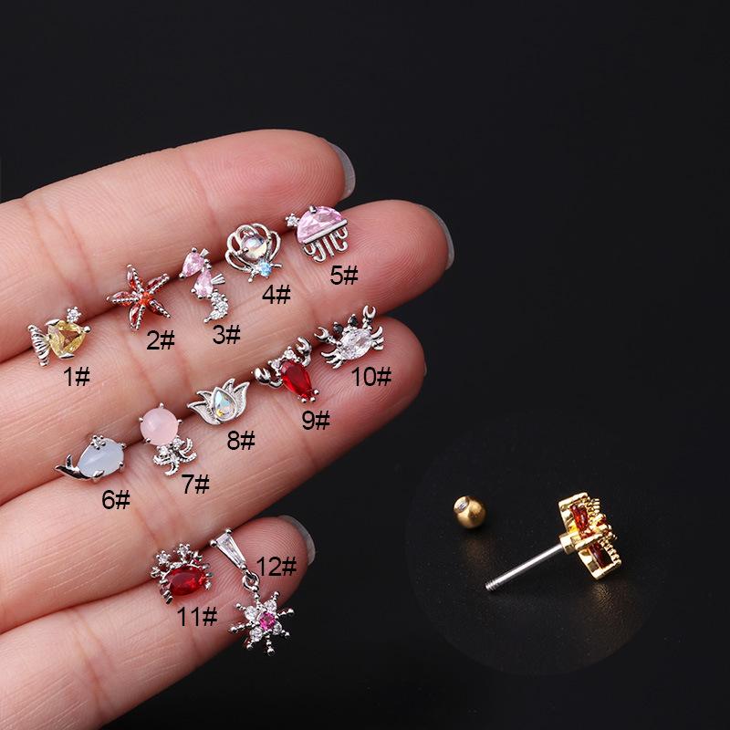 New Fashion Ear Bone Nail Zircon Piercings Jewelry Stainless Steel Ocean Series Earrings Sea Animals for Girl