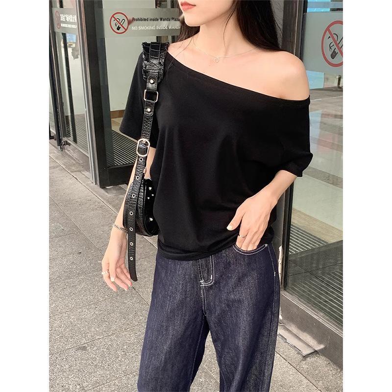 Gray Pure Cotton Off-Shoulder Long-Sleeve Women's T-Shirt - Loose Fit, Spring/Autumn Stylish and Sexy Top