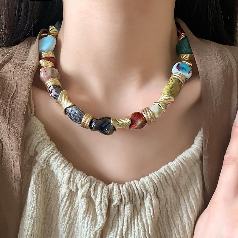 Vintage Floral Round Ceramic Necklace for Women Chokers Party Jewelry Gift