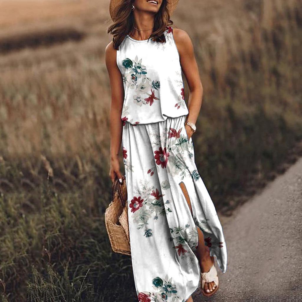 Women's Dress With Elastic Waistband Stitching Printed Split Sexy Dress