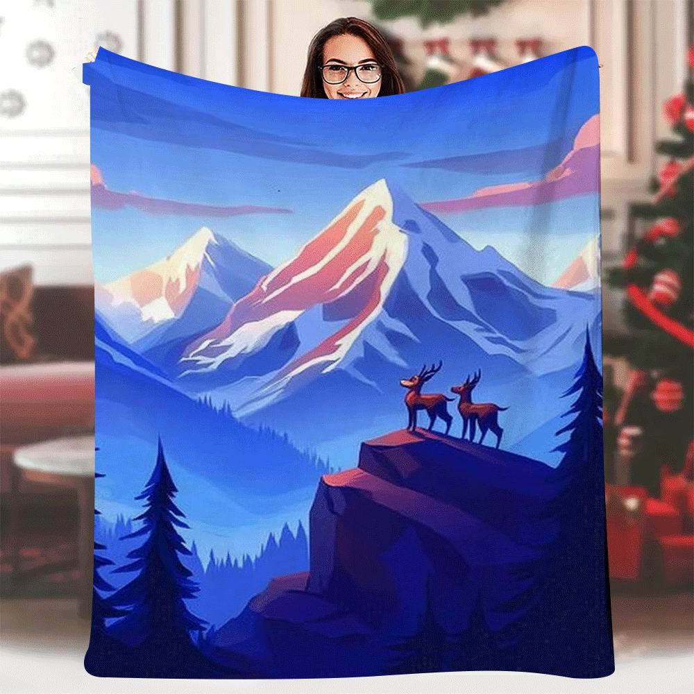 

1pc Enchanting Cartoon-Style Mountain and Deer Print Blanket, 60x80 Inch, Cozy Blue and White Design for Family Travel and Campi 70x100cm28x39in