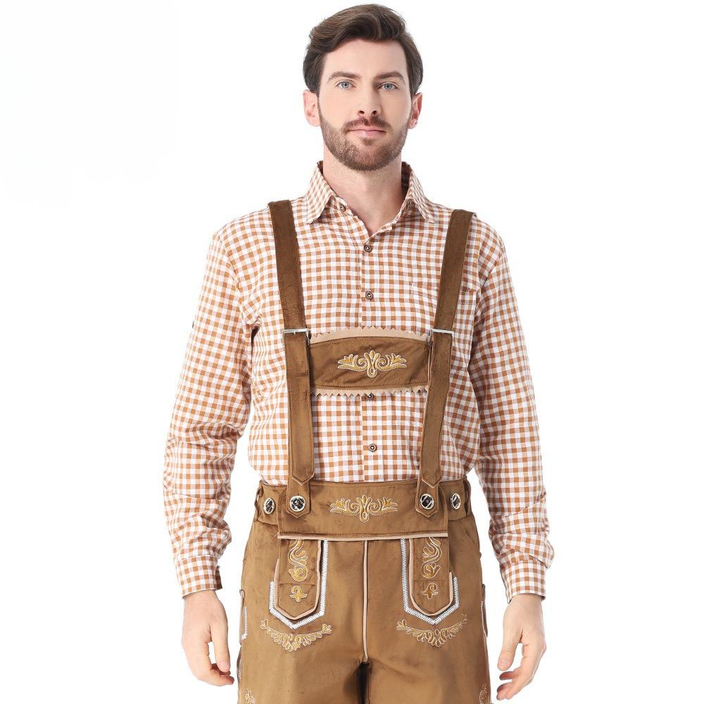 Mens Plaid Shirt Embroidered Bib Pants Munich Oktoberfest Halloween Cosplay Party Costume S