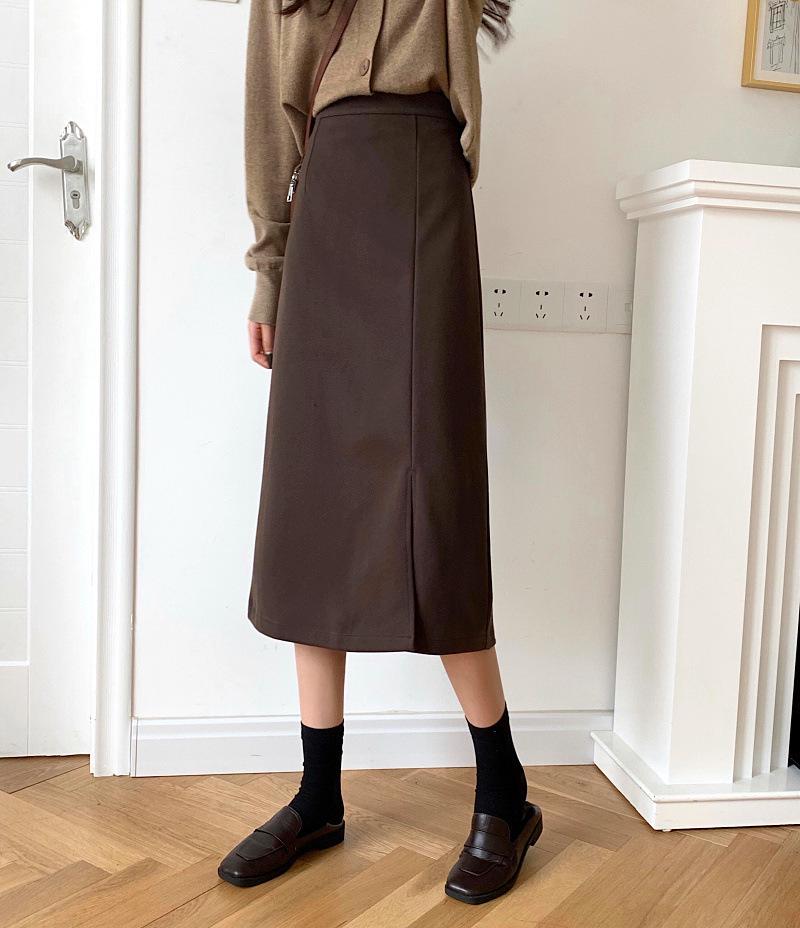 

Women s High Waist Midi Skirt - Solid Color A-Line with Slit - Autumn/Winter 2023 Collection XL (Waist 120-139) кофейный