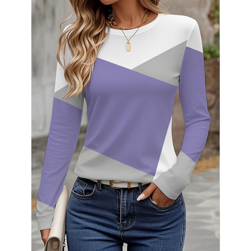 Damski T-shirt 3D ze szwami w blokach kolorów, modny z długim rękawem, z okrągłym dekoltem, regularny top, na wakacyjny weekend, wiosnę i jesień