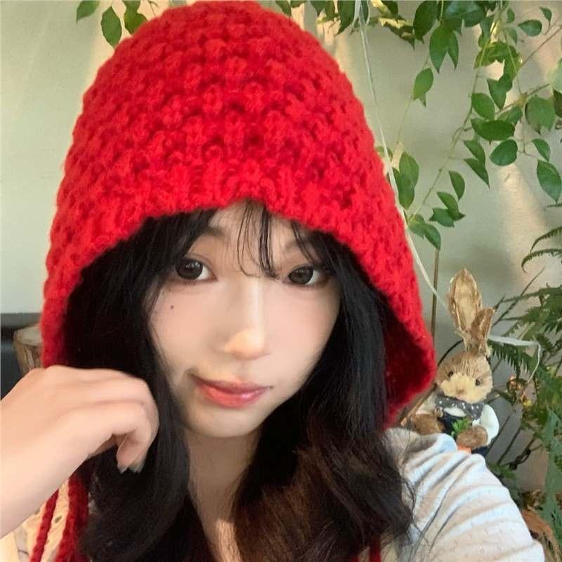 Autumn and Winter Warm Wool Hat, Hand-woven Hollow Bald Hat, Women's Fringed Ear Protector, Sleeves, Knitted Hat