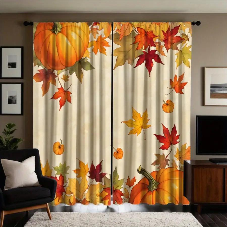 2pc Pumpkin and maple leaf print curtains   polyester fabric   machine washable   suitable for bedroom and living room decoration