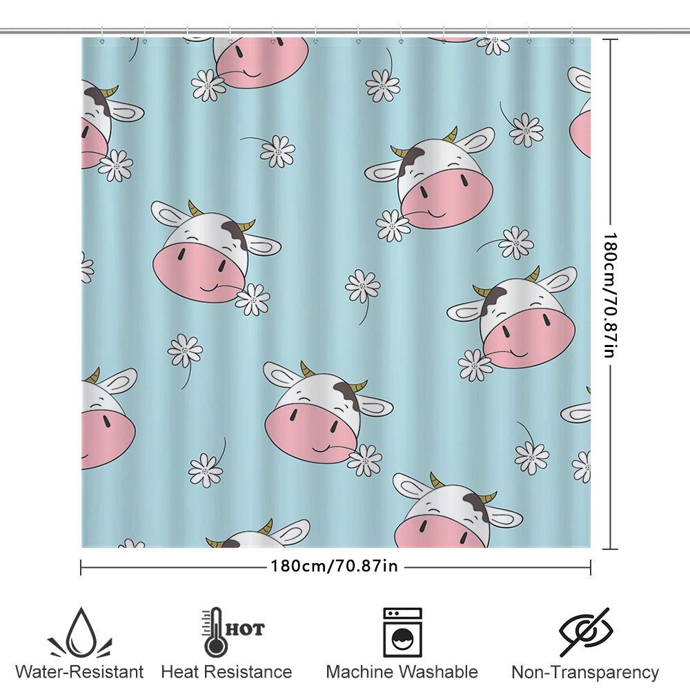 Adorable Animal Print Shower Curtain Cute Cow Design For Bathroom Decorations Blue Floral Pattern Fabric Waterproof Bath Mat Set