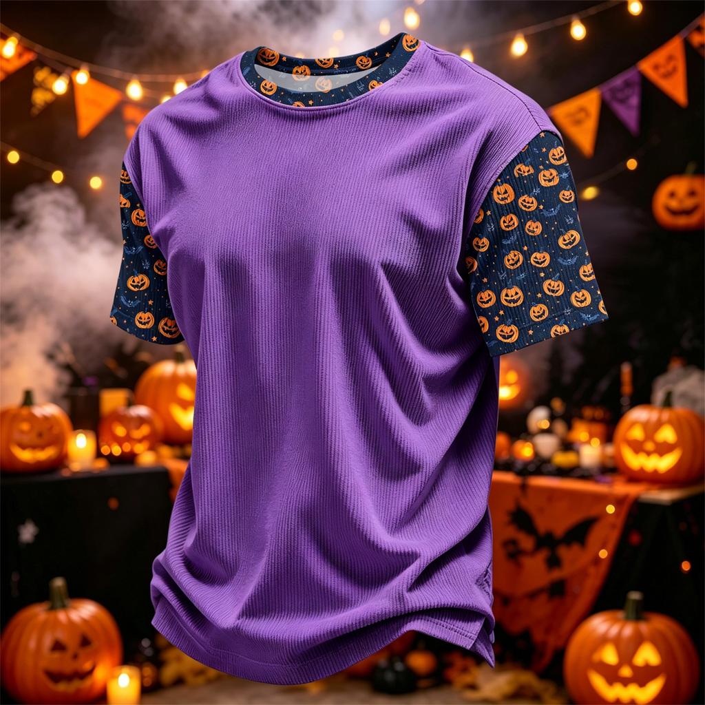 Herren Freizeit Corduroy Kurzarm T-Shirt Leicht Atmungsaktiv Rundhals Oberteil mit Halloween Print Ärmeln und Kragen Design