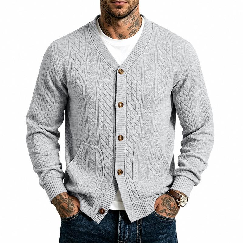Herren Zopfmuster V-Ausschnitt Cardigan Pullover, Knopfleiste vorne, Zwei aufgesetzte Taschen, Gerippte Bündchen & Saum, Weicher Strick Lässiges Layering Top