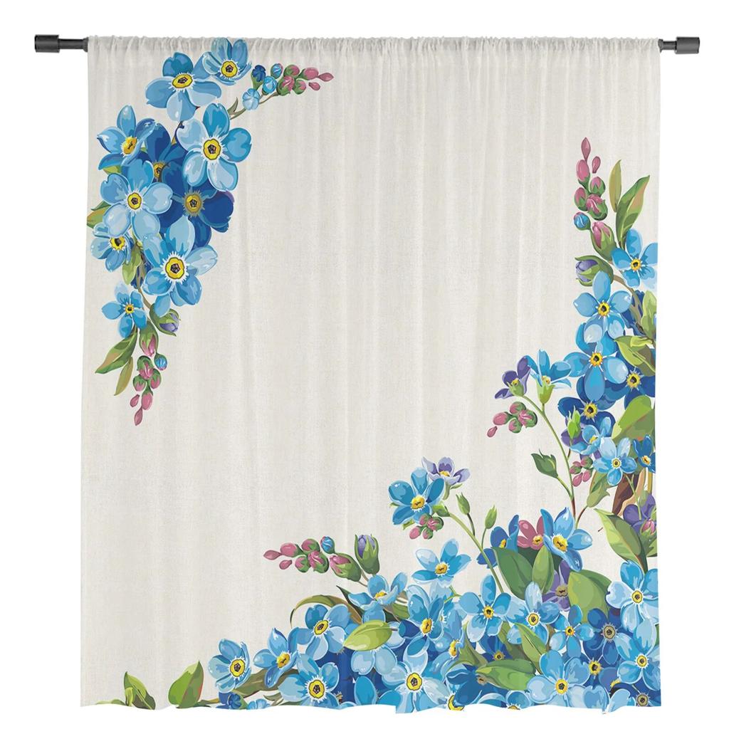 Blue Watercolor Flowers Sheer Curtains For Living Room Bedroom Tulle Curtain For Kitchen Voile Curtain Blind Panels
