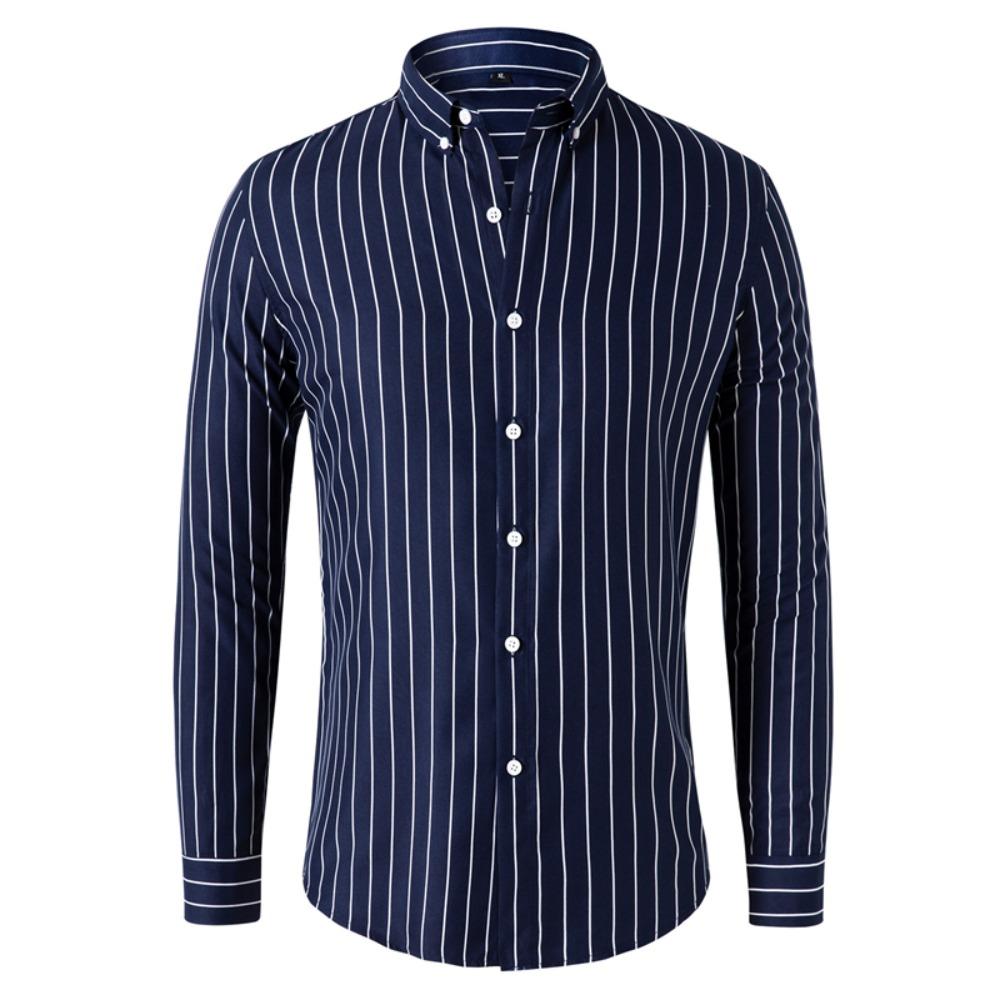 

Slim Fit Striped Long Sleeve Shirt for Men Fashionable Casual Youth Style Polyester Fiber Business Commute Spring Season XXXL темно-синього кольору