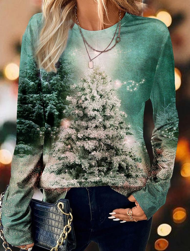 2023 Fashion Women's Pullover Christmas Blue Star Graphic Casual Sports O-Neck Long Sleeve Tops Micro-Elastic Fall & Winter