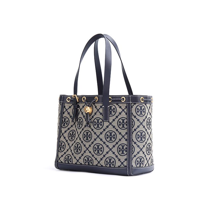 Tory Burch T Monogram Logo Print Matte Texture Woven Jacquard Leather Bucket Shoulder Bag Small Women Handbags Navy-Blue 81803-405