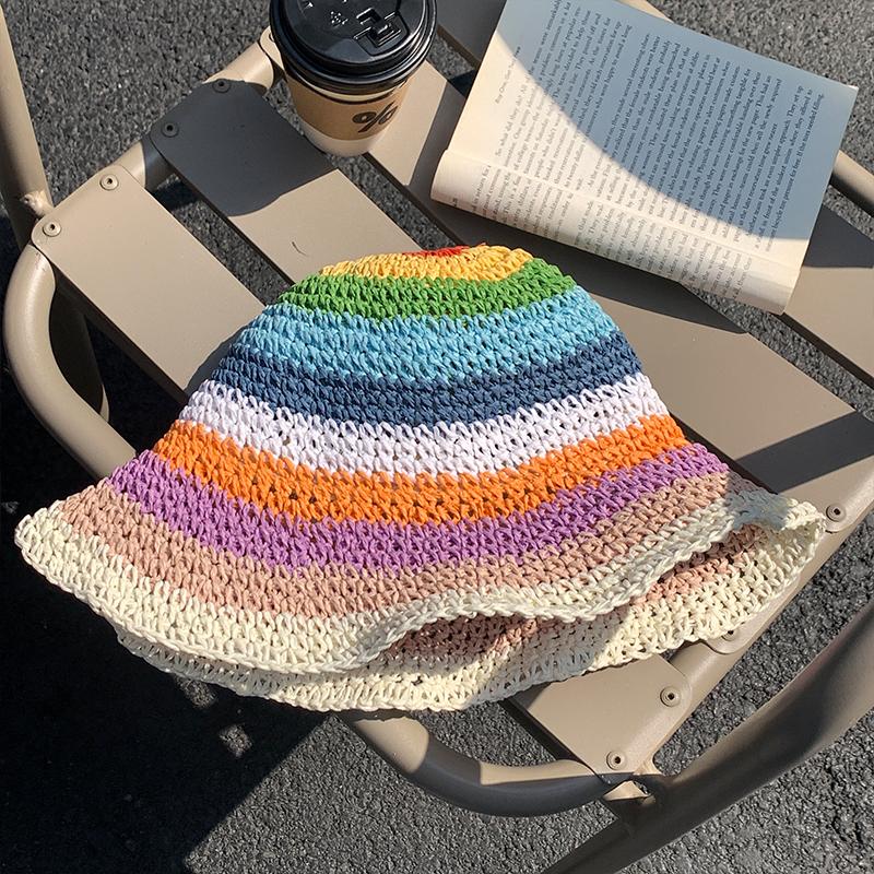 Summer Hats For Women Sun Hat Rainbow Color Straw Bucket Hat Sunscreen Outdoor Travel Beach Casual Bohemia Style 2025 New Sunhat