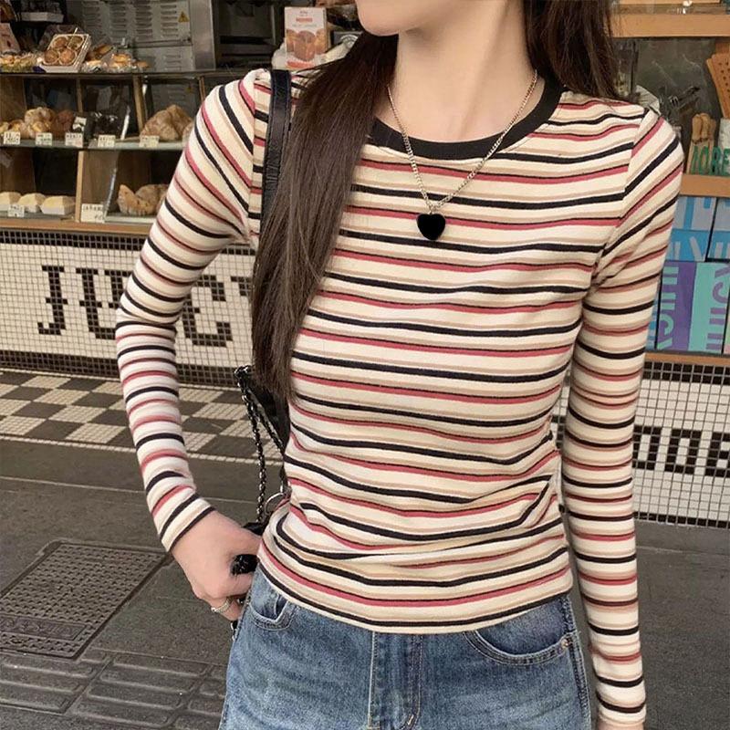 Autumn Winter Round Neck Vintage Striped Printing T-shirt Women Long Sleeve All-match Slim Pullover Tee Top