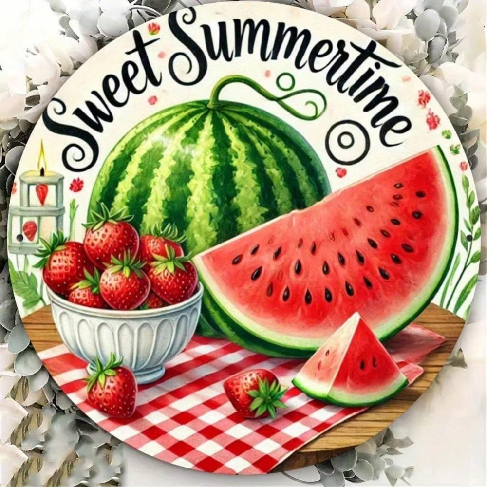Sweet Summer Watermelon Strawberry Round Metal Wall Art Flat Print Hanging Sign Home Room Decor