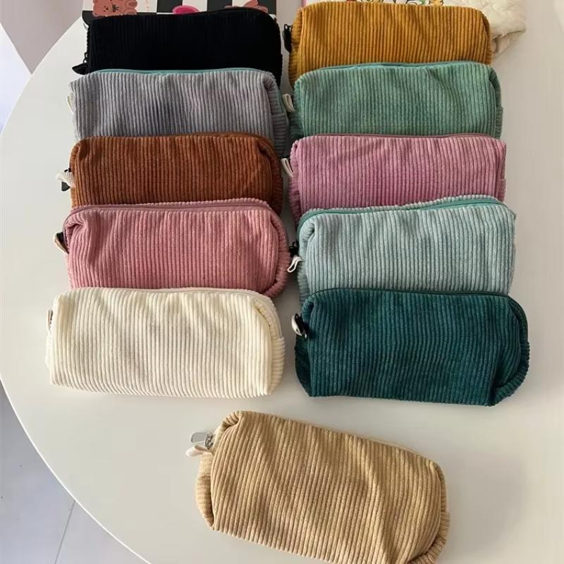Protective Storage Bag Corduroy Pencil Case INS Style Large Capacity Bag Zipper Office School Supplies,has Random Logo Print