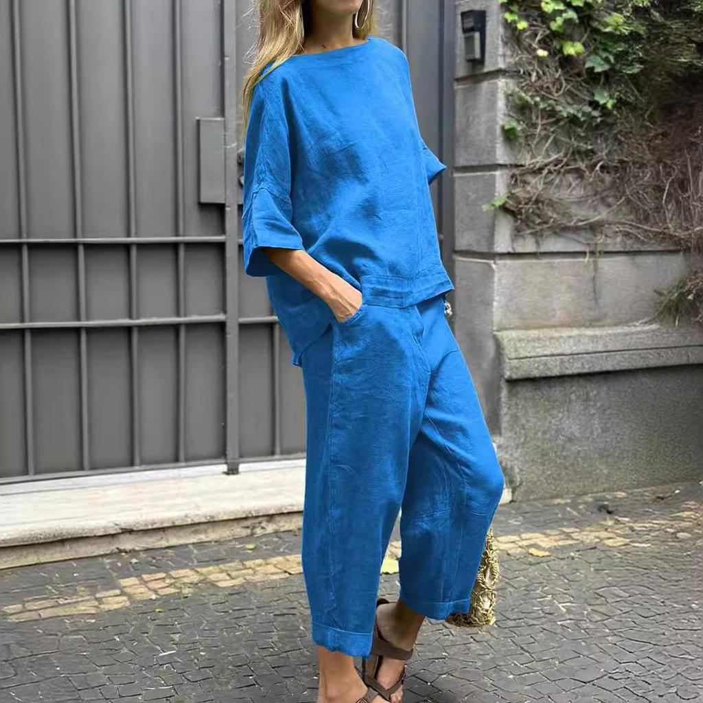 2025 Summer Women's Plus Size Cotton Linen 2-Piece Shirt & High Waist Loose Long Pants Set