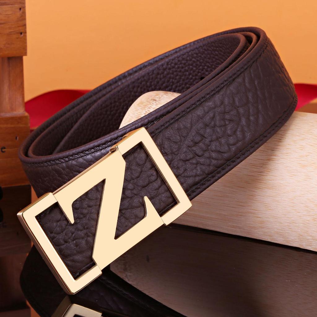 Men's Z Letter Business Casual Buffalo Leather Belt with Stainless Steel Buckle