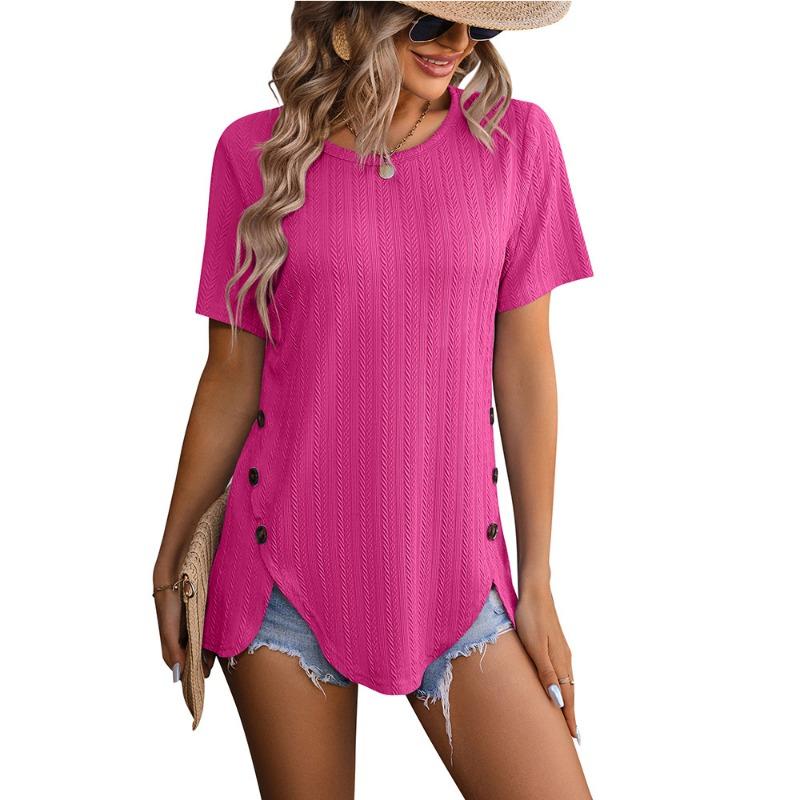Summer Round Neck Jacquard Blouse Short Sleeve Women Buttons Top Casual Loose Long T-shirt Elegant Fashion Split Female Simple Tee Shirts 341