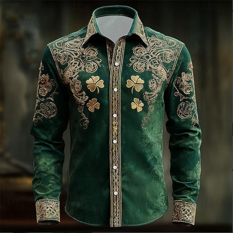Camicia da Uomo Floreale a Maniche Lunghe con Stampa Trifoglio 3D Dorato Camicia a Maniche Lunghe alla Moda e Lussuosa