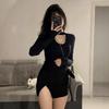 Wear a Black Dress In Early Autumn, Women's Autumn and Winter Long-sleeved V-neck Hip Skirt, Coat with Skirt, Slim-fitting Short Skirt