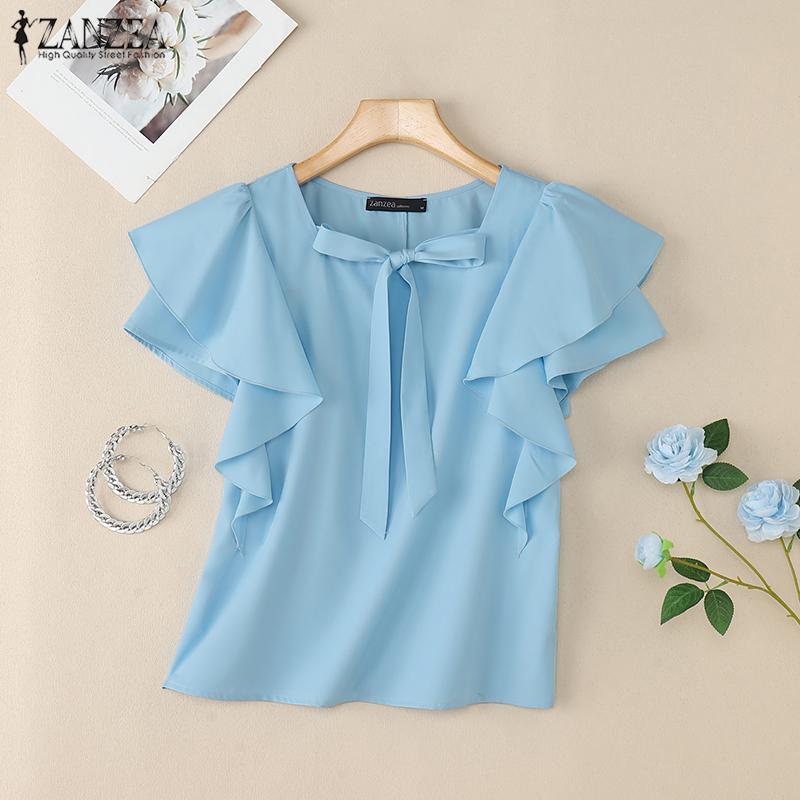 ZANZEA Women Casual Square Collar Ruffles Short Sleeve Loose Blouse