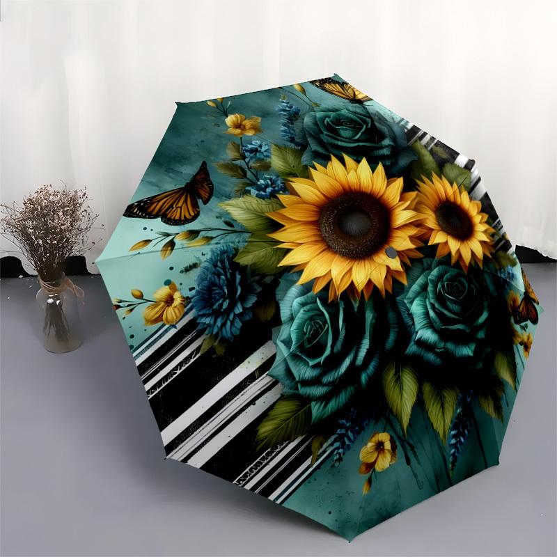 1pc Sunflower Bouquet with Butterflies Umbrella with Plastic Handle,Suitable for All Seasons Home Travel Outdoor UmbrellaDD1776