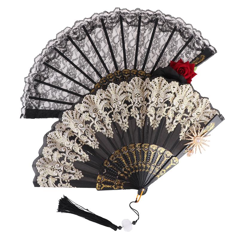 Ladies Lace Hand Fan Black White Cloth Folding Fans With Tassels Ancient-Style Dance Folding Hand Fan For Wedding Party Favor