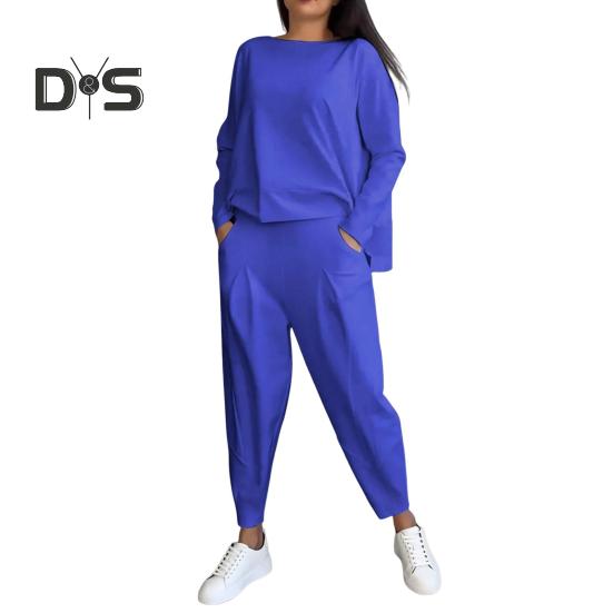 

Комплект из 2 предметов: осенне-весенний женский топ, брюки, футболка с длинными рукавами и круглым вырезом, брюки с эластичной резинкой на талии и боковыми карманами, спортивный брючный костюм для поездок на работу 3XL синий
