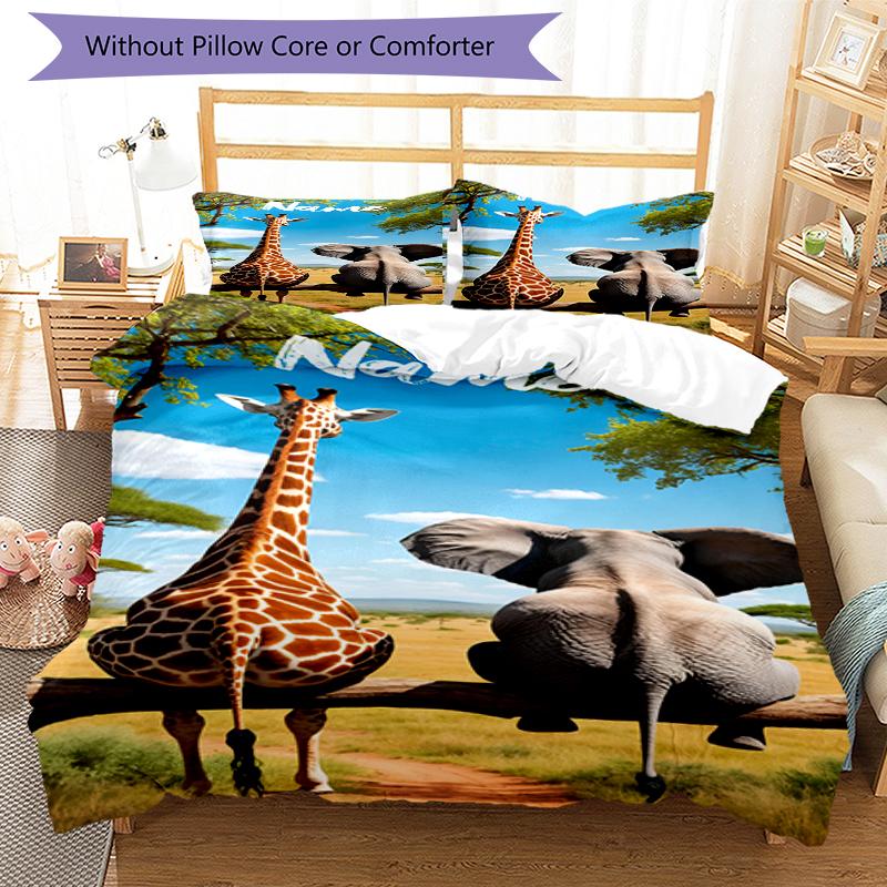 3pcs Custom Name Elephant Giraffe Bedding Set Duvet Cover Closure Includes 1 Duvet Cover & 2 Pillowcases, Soft and Comfortable for All Seasons.