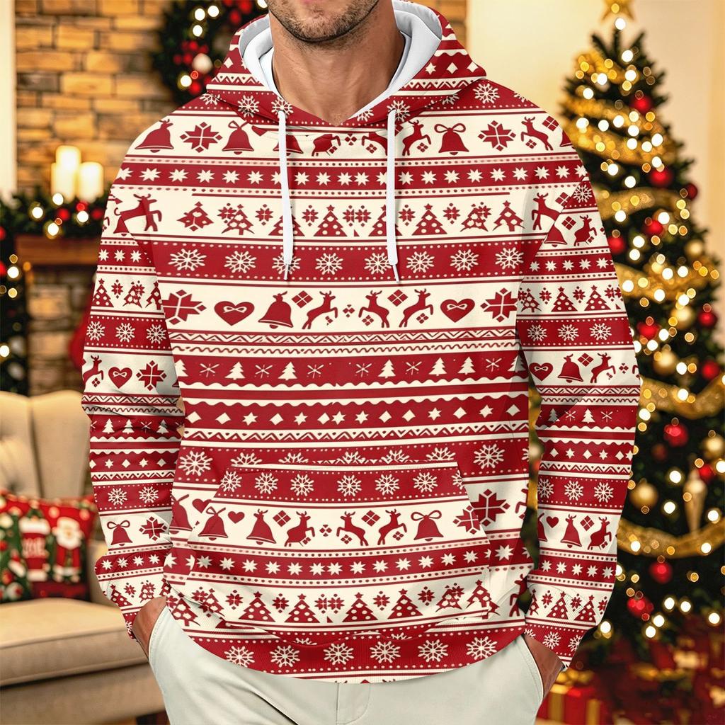 Men's Long Sleeve Christmas Print Pullover Hoodie for Holiday Party and Everyday Wear