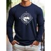 Men's Loose Fit Comfortable Sports and Leisure Mountain Compass Pattern Printed Round Neck Long Sleeved T-shirt