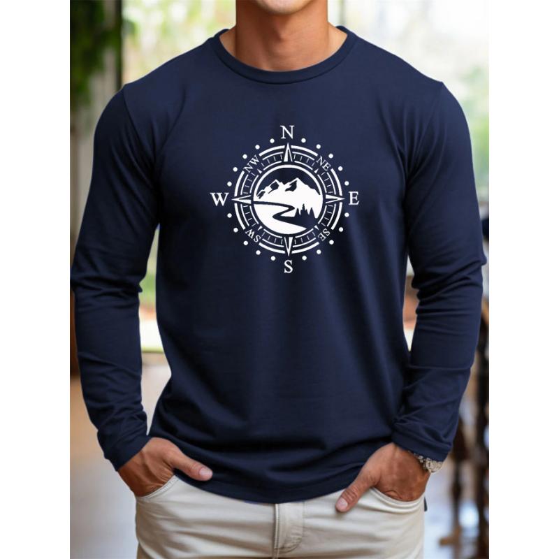 Men's Loose Fit Comfortable Sports and Leisure Mountain Compass Pattern Printed Round Neck Long Sleeved T-shirt