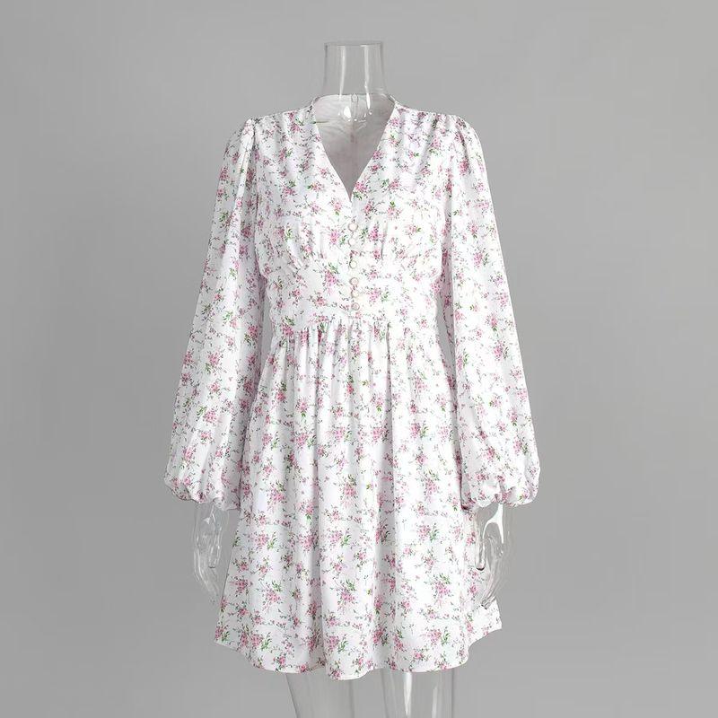 

Fashion Wind New Arrival Fashion Print V-neck Puff Sleeve Waist-Tight Dress Printed V-neck Dress Print L