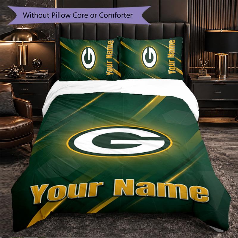 Green Bay Packers Customized Name Text Bedding Set, 1 Duvet Cover & 2 Pillowcases Personalized Bedroom Gift