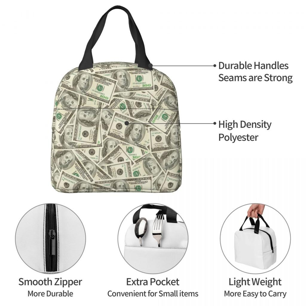 US Dollar Banknotes Insulated Lunch Bag for Kids School Cooler Thermal Food Box Tote Portable Lunch Boxes Container